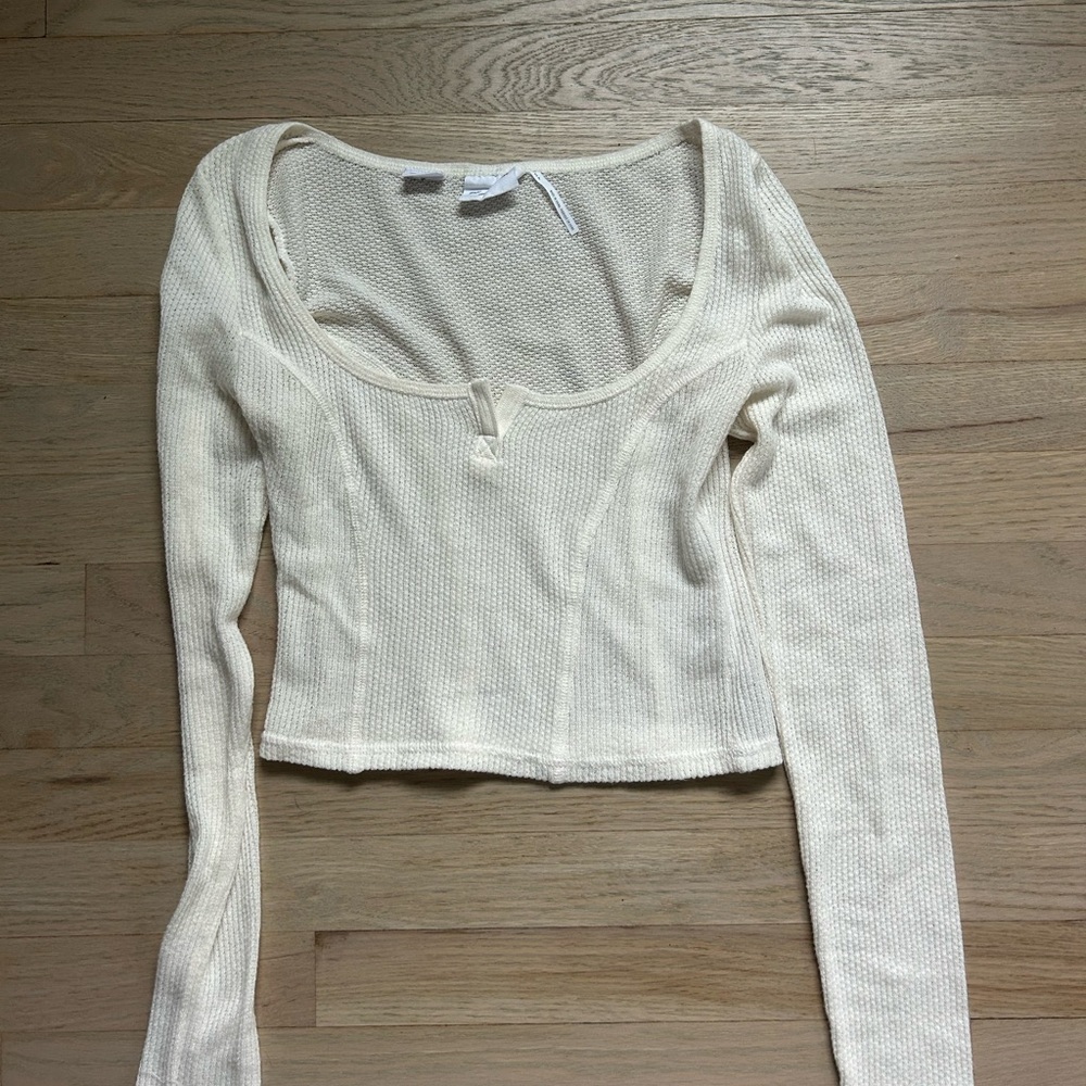 Urban Outfitters Cream Long Sleeve Fitted Crop Blouse